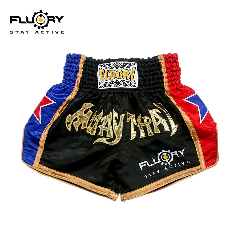 Fluory Boxing Short Muay Thai Fightwear Blue and Red Star Custom Muay Thai Shorts